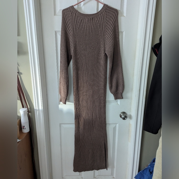 In Loom Brown Sweater Bodycon Maxi Dress Scoop Neck Oversize Sleeves Size L - Picture 5 of 11